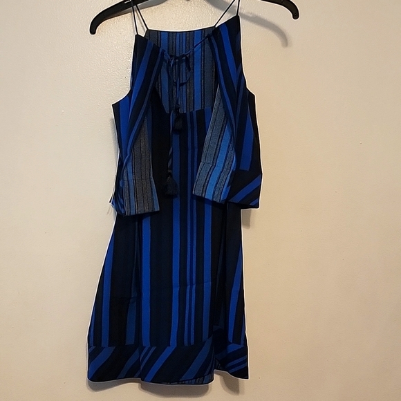 Nwt Cooper & Ella Callie Blue & Black Dress Peephole Back Tassel Tie Tiered Mini - Picture 3 of 7